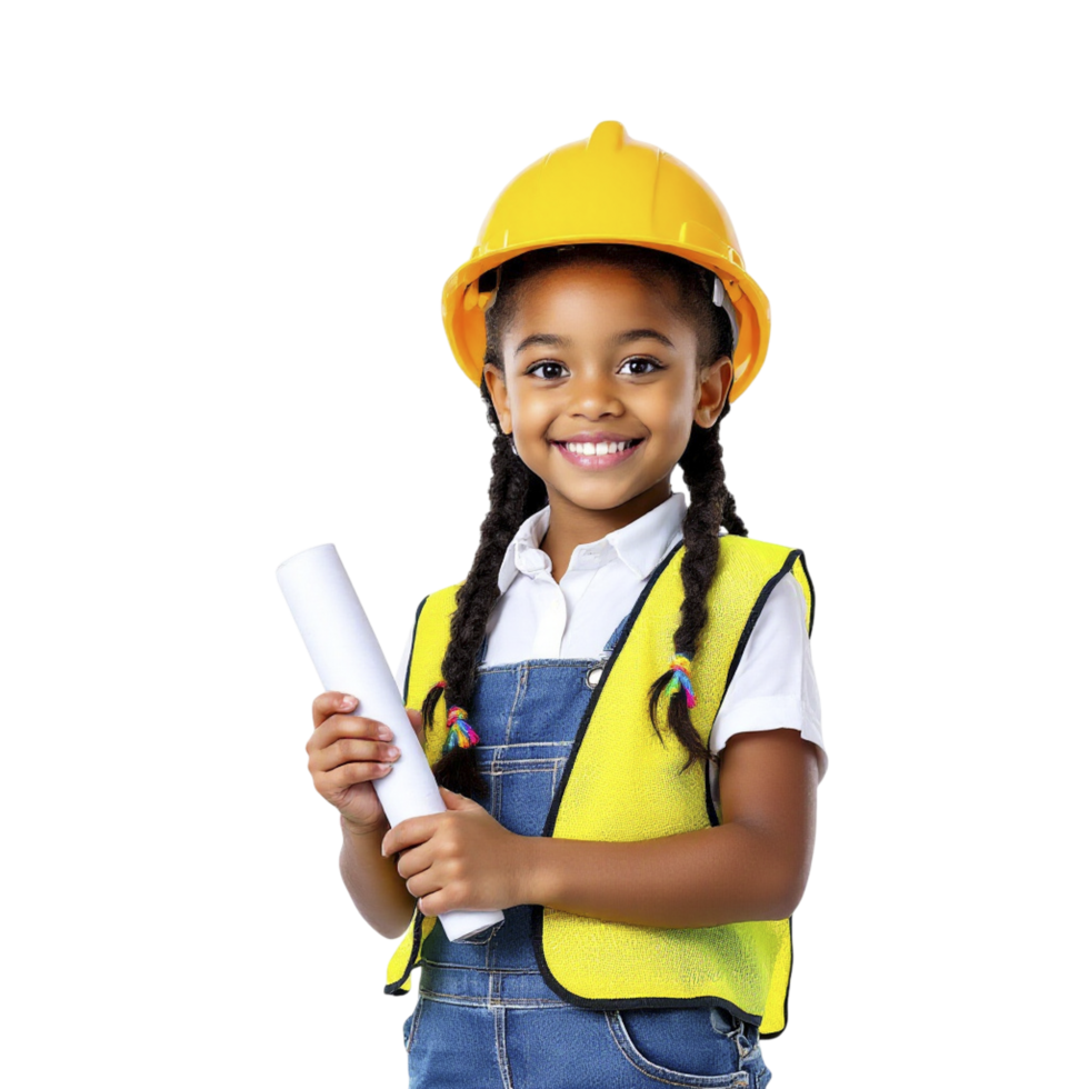 A little girl in a hard hat and overalls holding a blueprint png