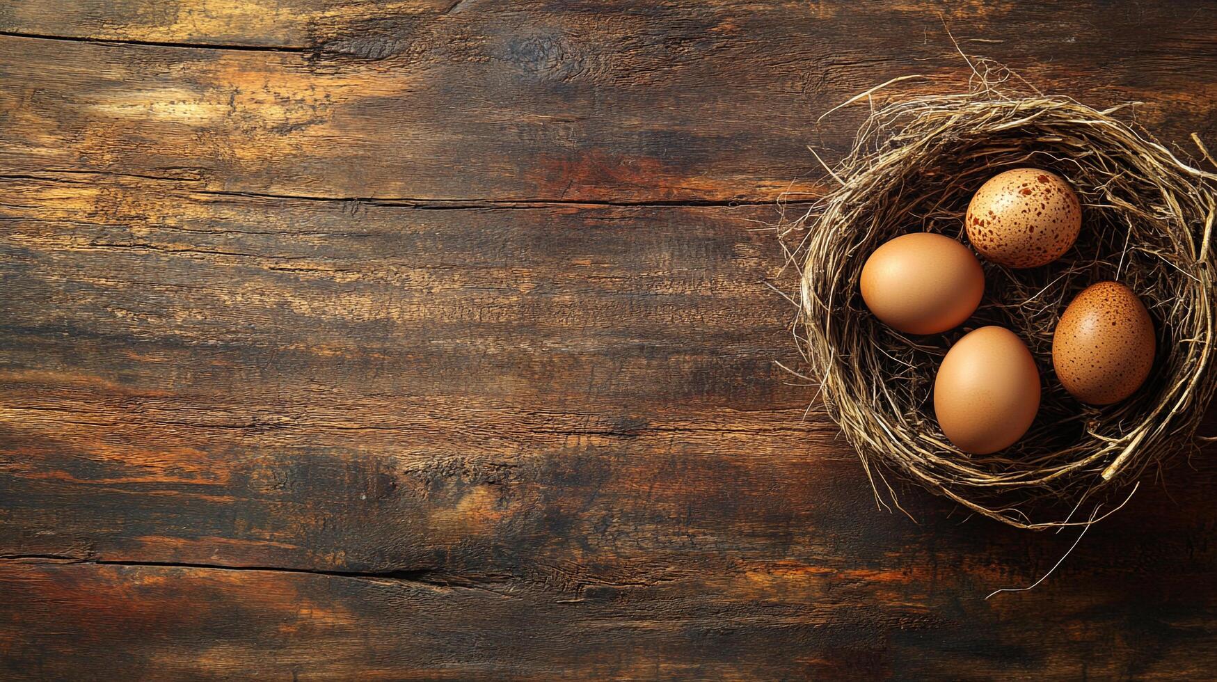 Eggs nest on rustic wood. Warm inviting image evokes nature, farm life, and simple pleasures. Great for food, health, and seasonal concepts. photo