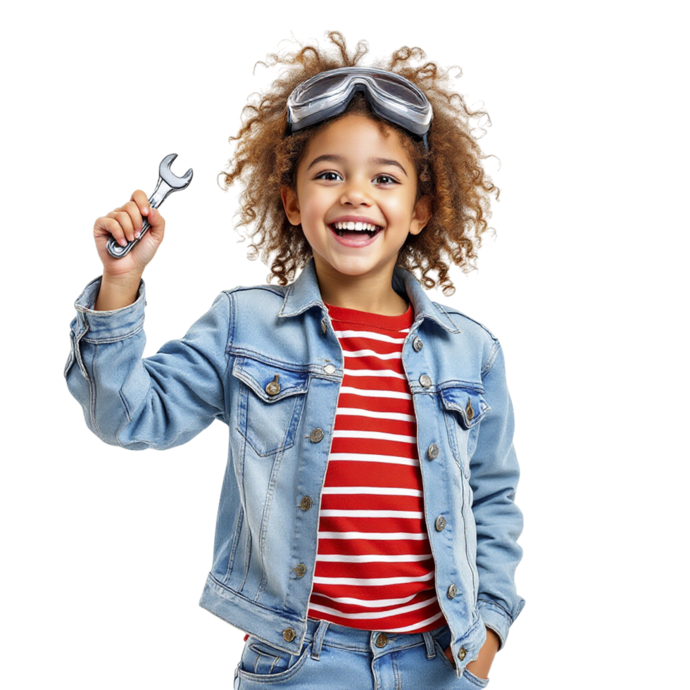 A little girl in a denim jacket holding a wrench png