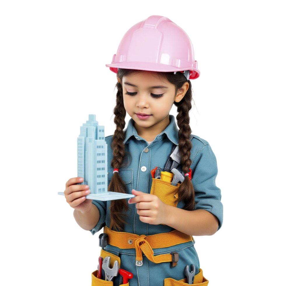 A little girl in a hard hat holding a model of a building png