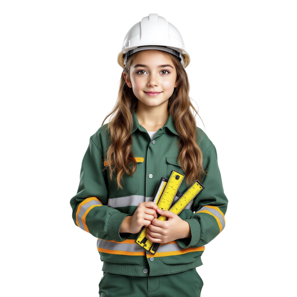 A young girl in a hard hat and green uniform holding a tool png