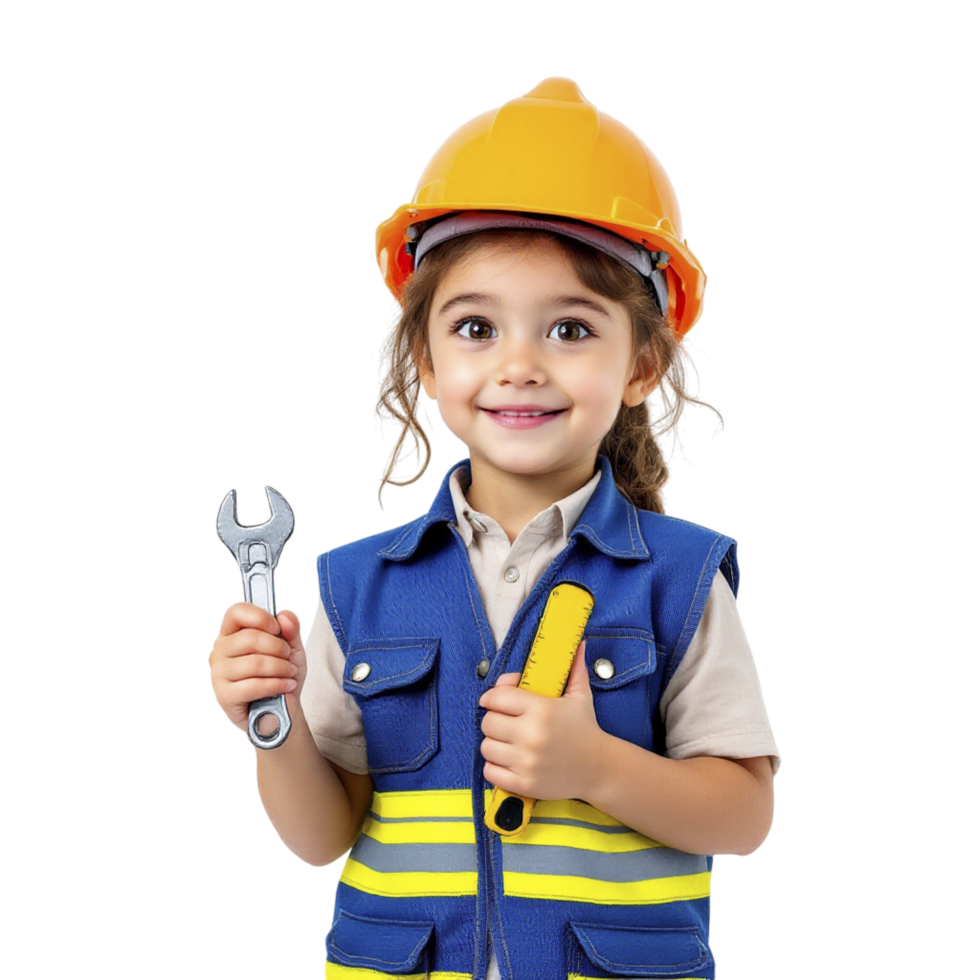 A little girl in a hard hat and safety vest holding a wrench png