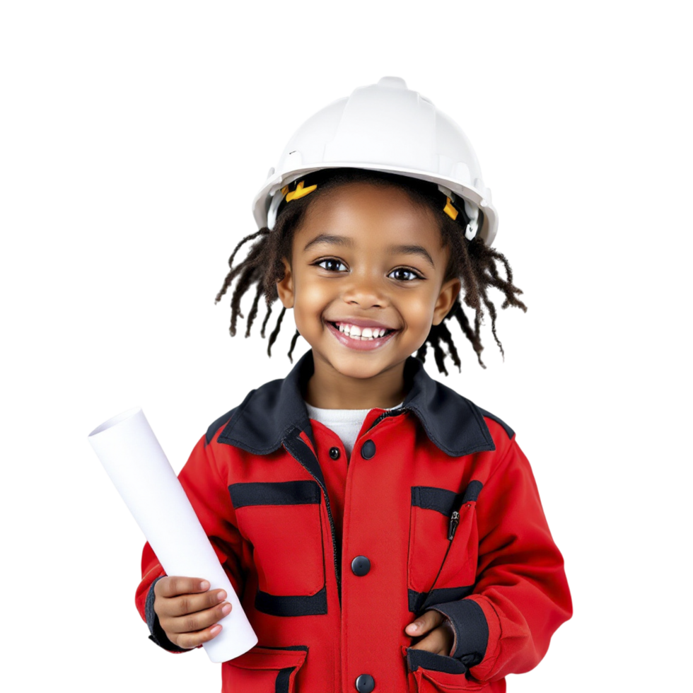 A little girl in a red jacket holding a blueprint png