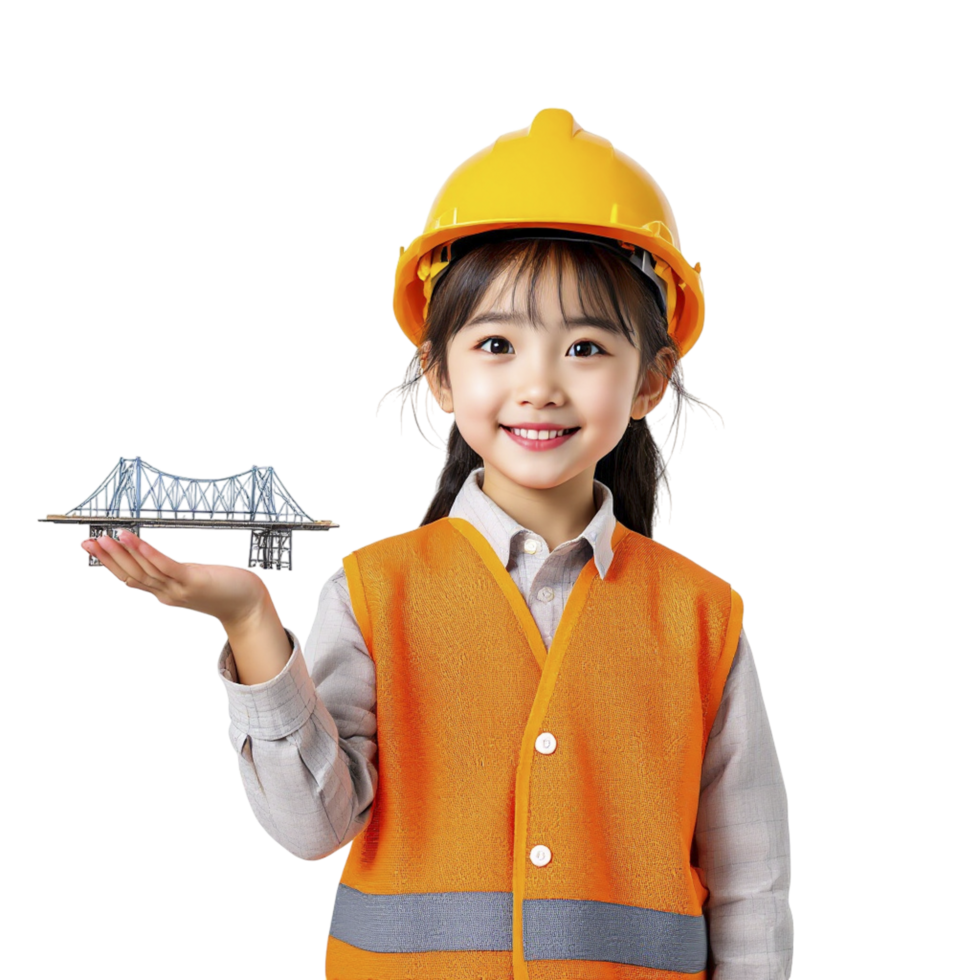 A little girl in an orange vest holding a model of a bridge png