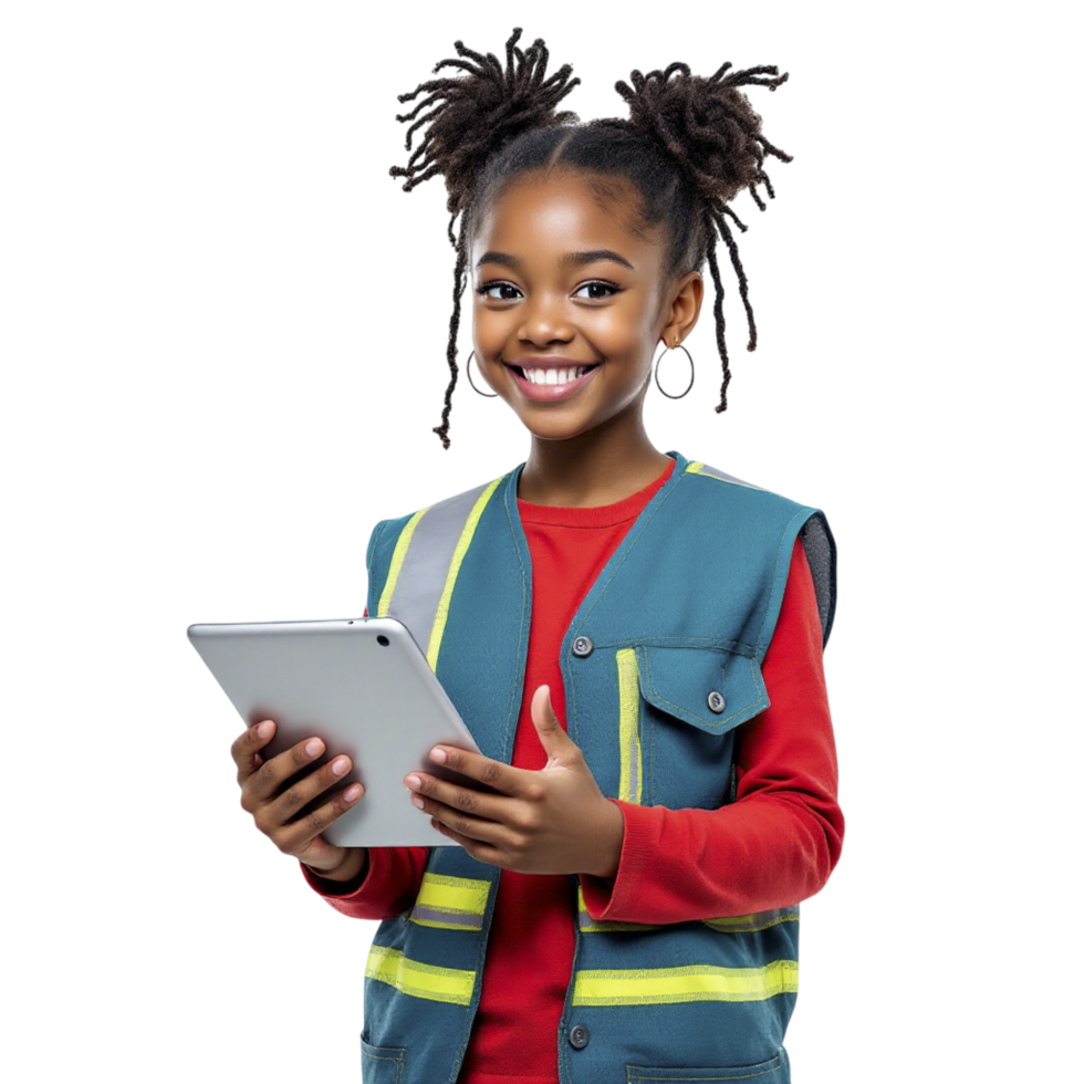 A young girl in a safety vest holding a tablet png