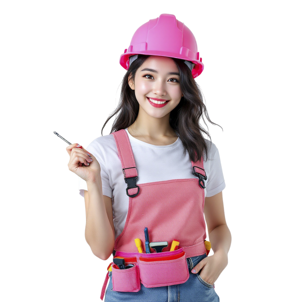 Asian woman in pink hard hat holding a tool png