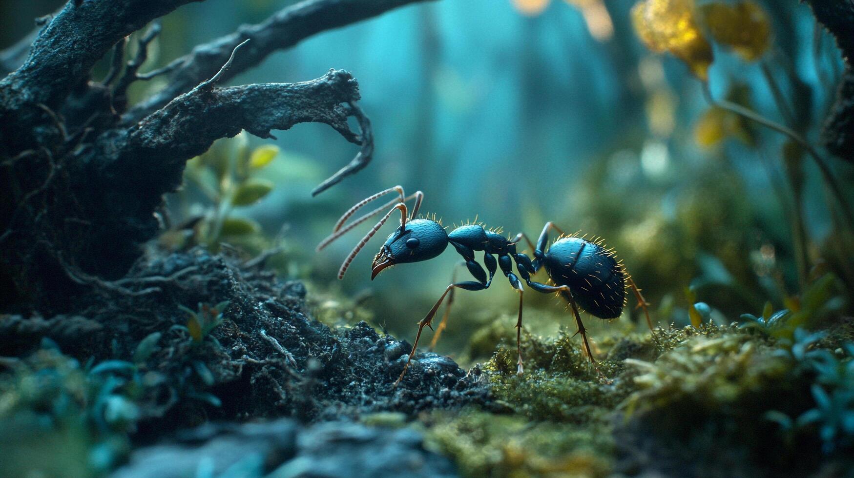 Detailed macro of an ant exploring the forest floor in search of food in a colorful, vibrant, and atmospheric miniature world. photo