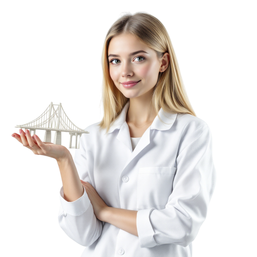 A woman in a lab coat holding a model of a bridge png