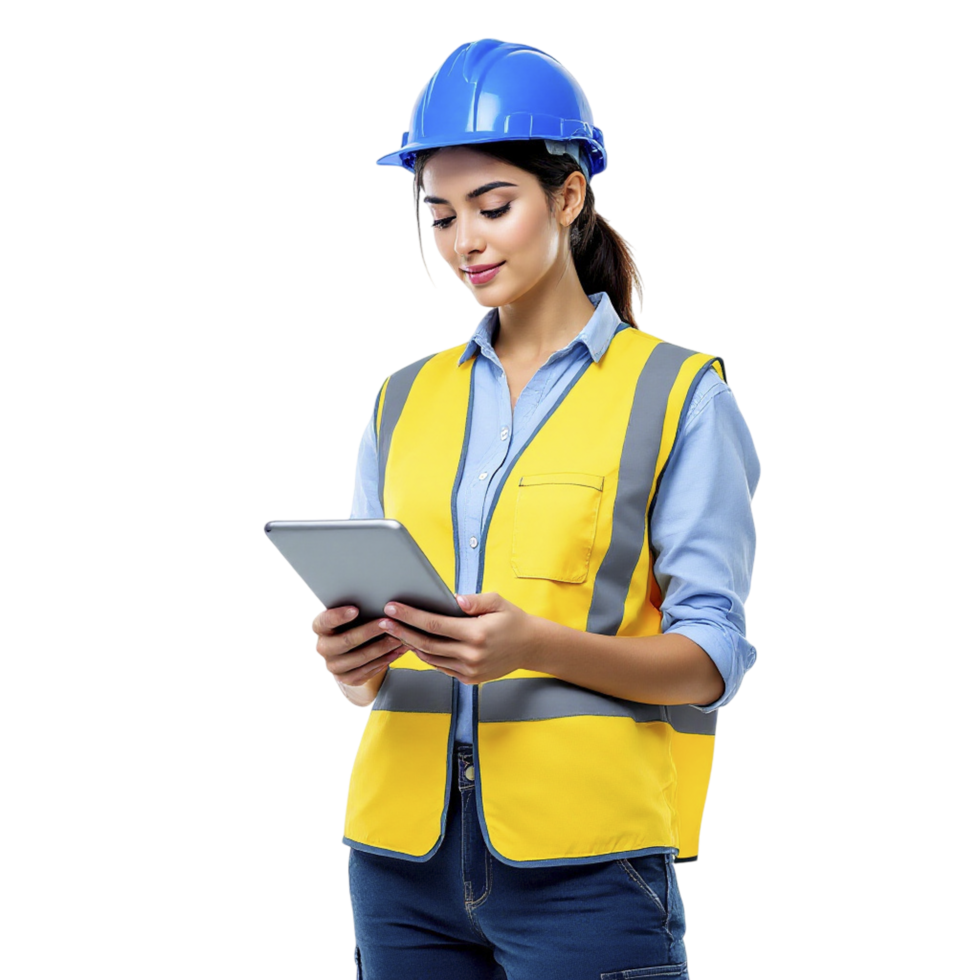 Female construction worker holding tablet computer png