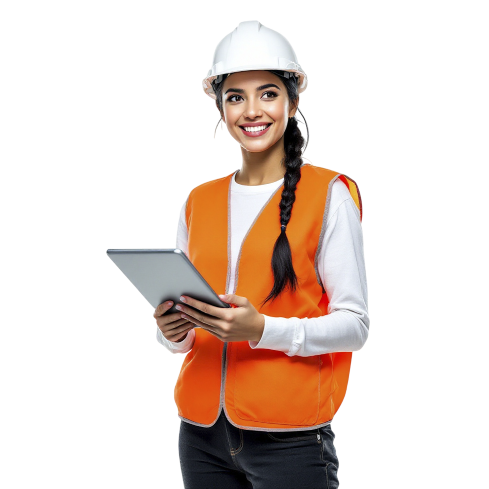 A woman in an orange vest holding a tablet png