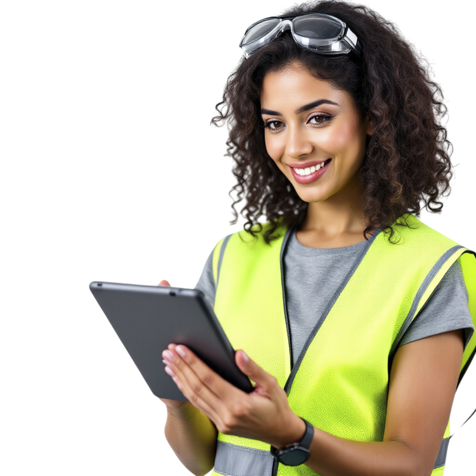A woman in a safety vest holding a tablet computer png