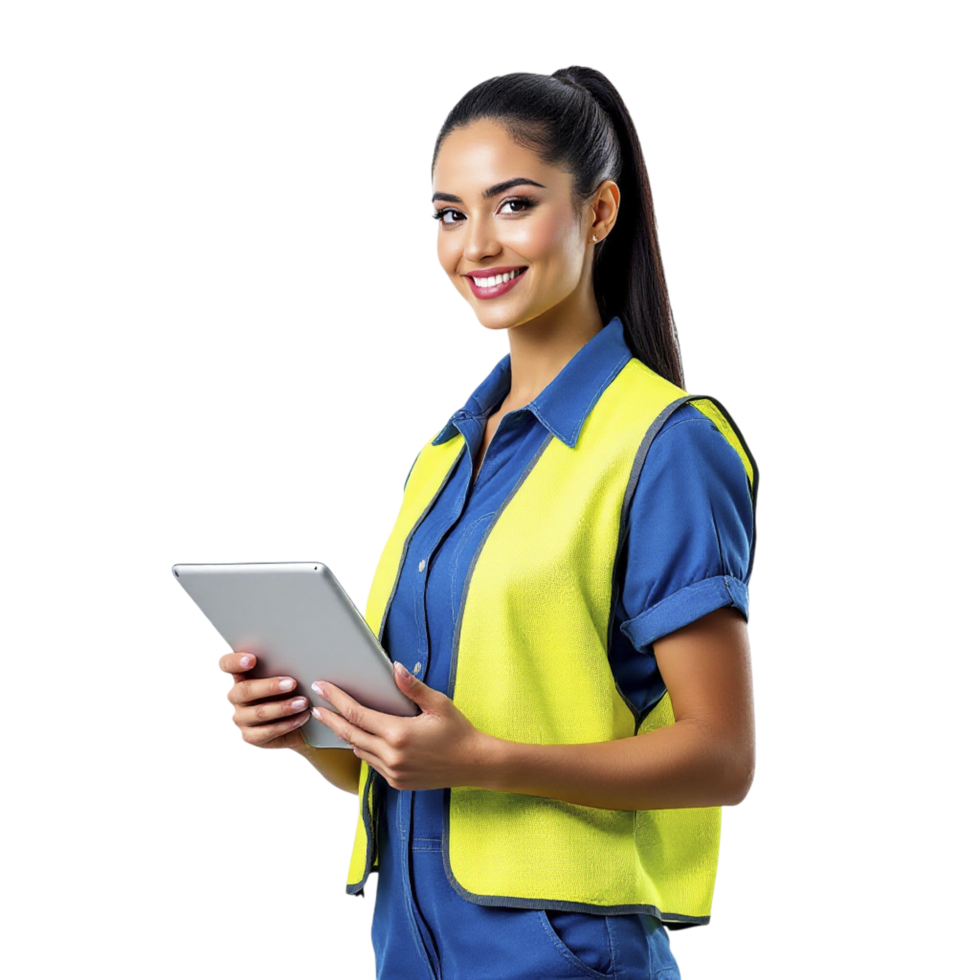A woman in a yellow vest holding a tablet computer png