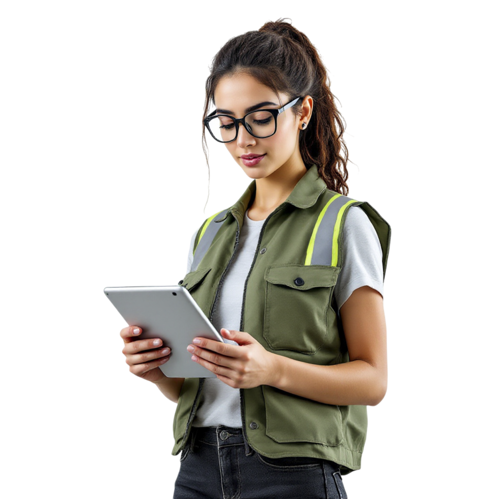 A woman in a vest and glasses using a tablet png
