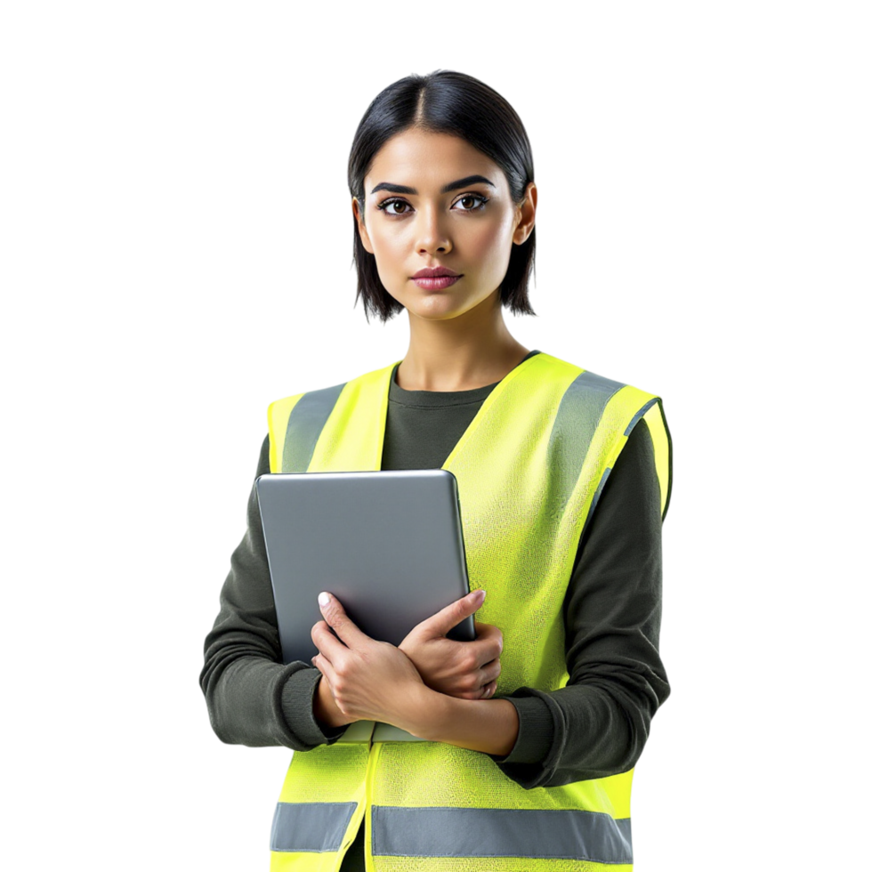 Woman in yellow vest holding a tablet computer png