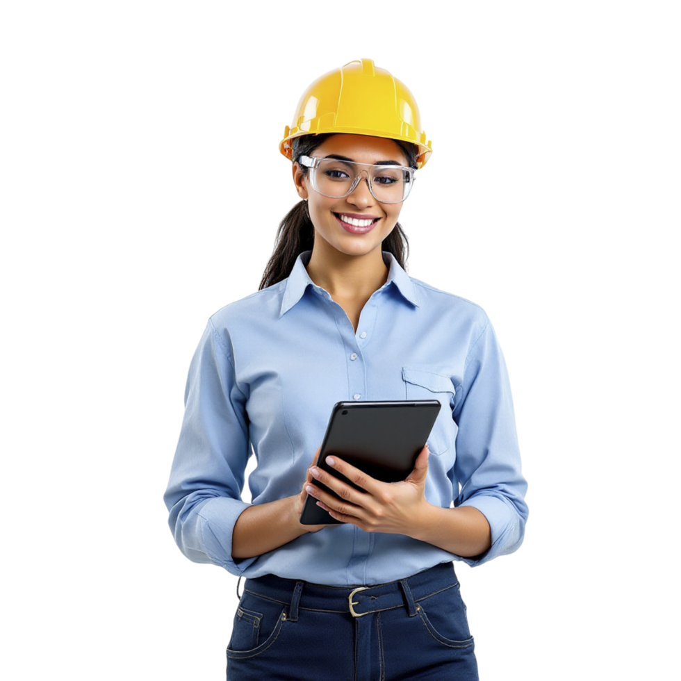Portrait of a female construction worker holding a tablet computer png