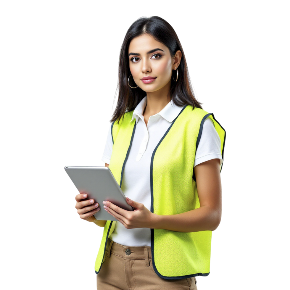 A woman in a yellow vest holding a tablet computer png