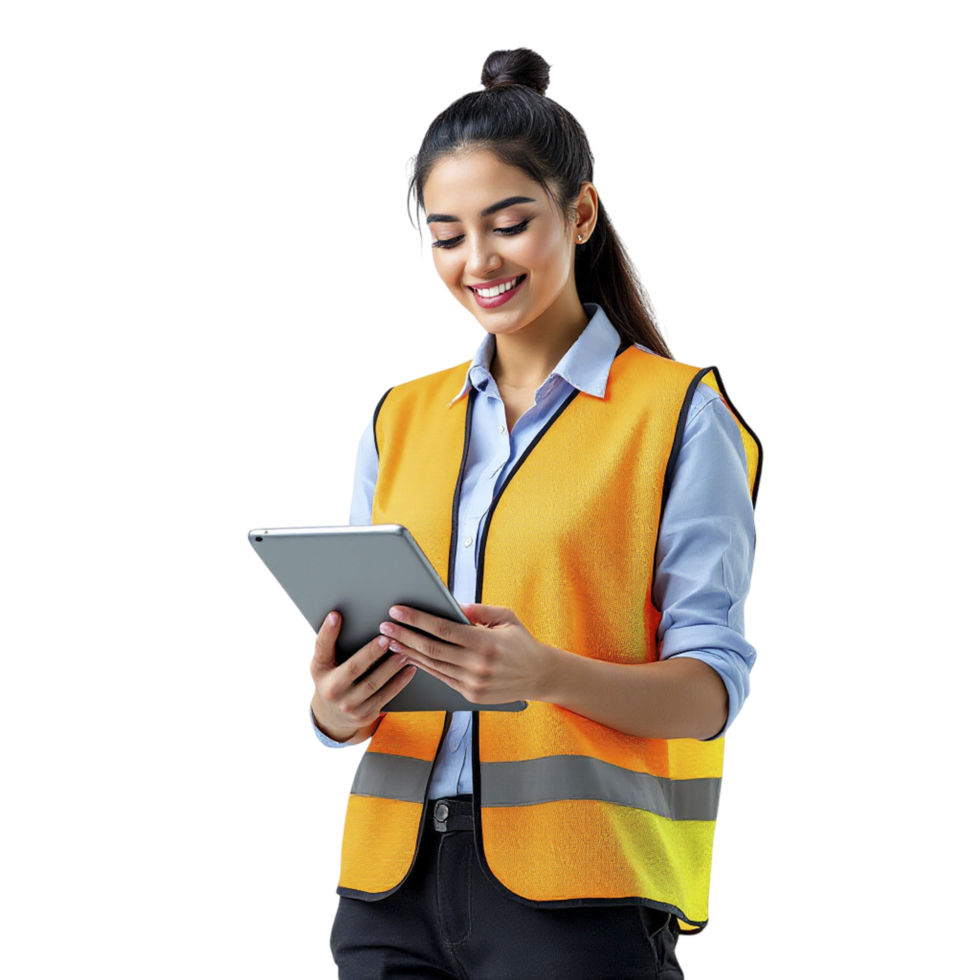 A woman in an orange vest holding a tablet computer png