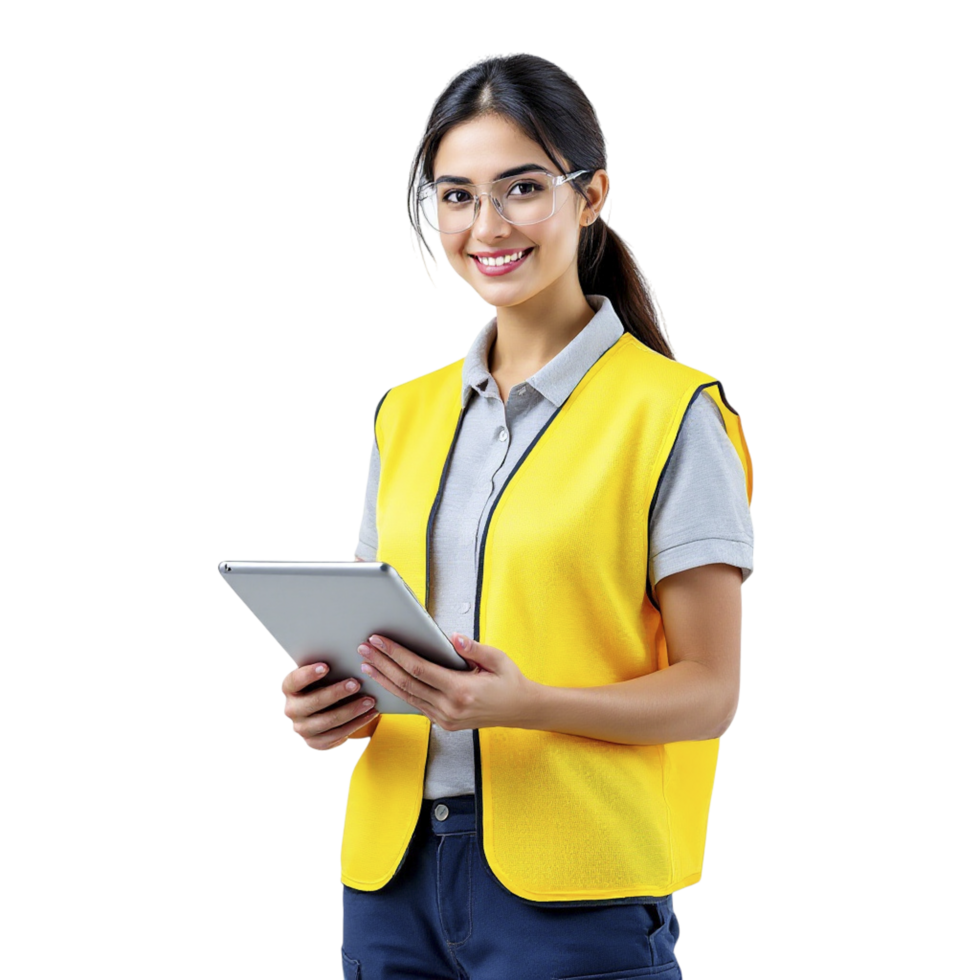 A woman in yellow vest holding a tablet computer png