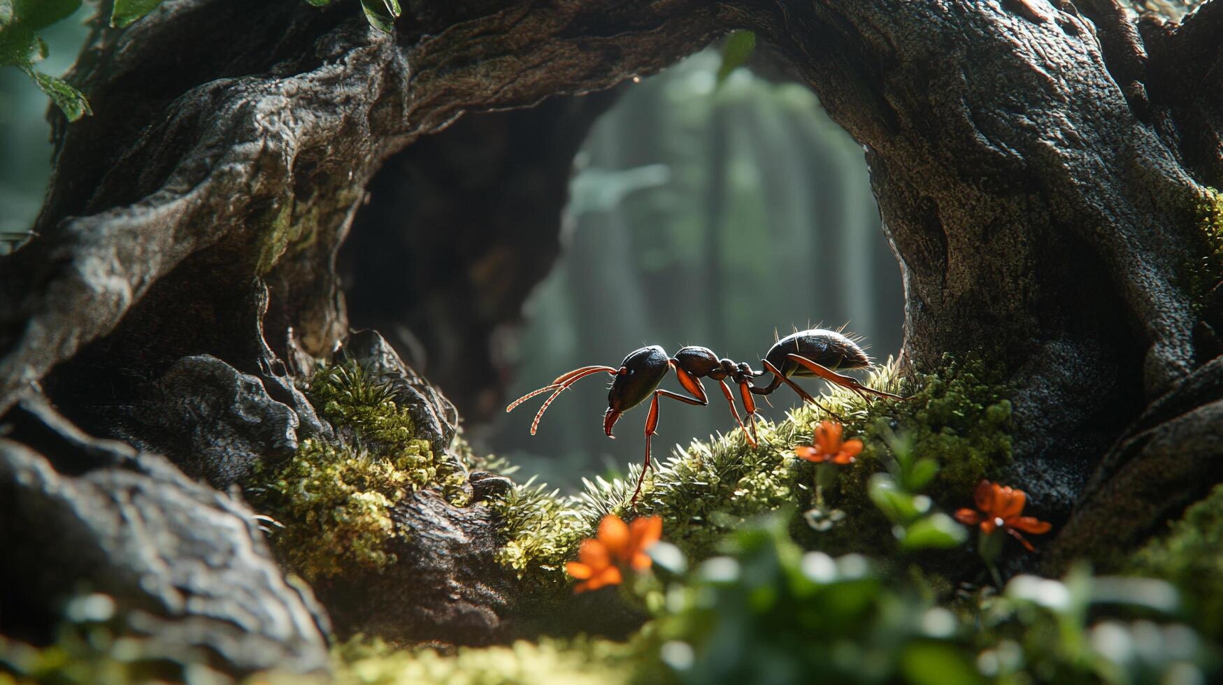 An ant explores a miniature world of moss and wildflowers near a weathered tree trunk, with a hazy forest backdrop. Insect macro photography. photo