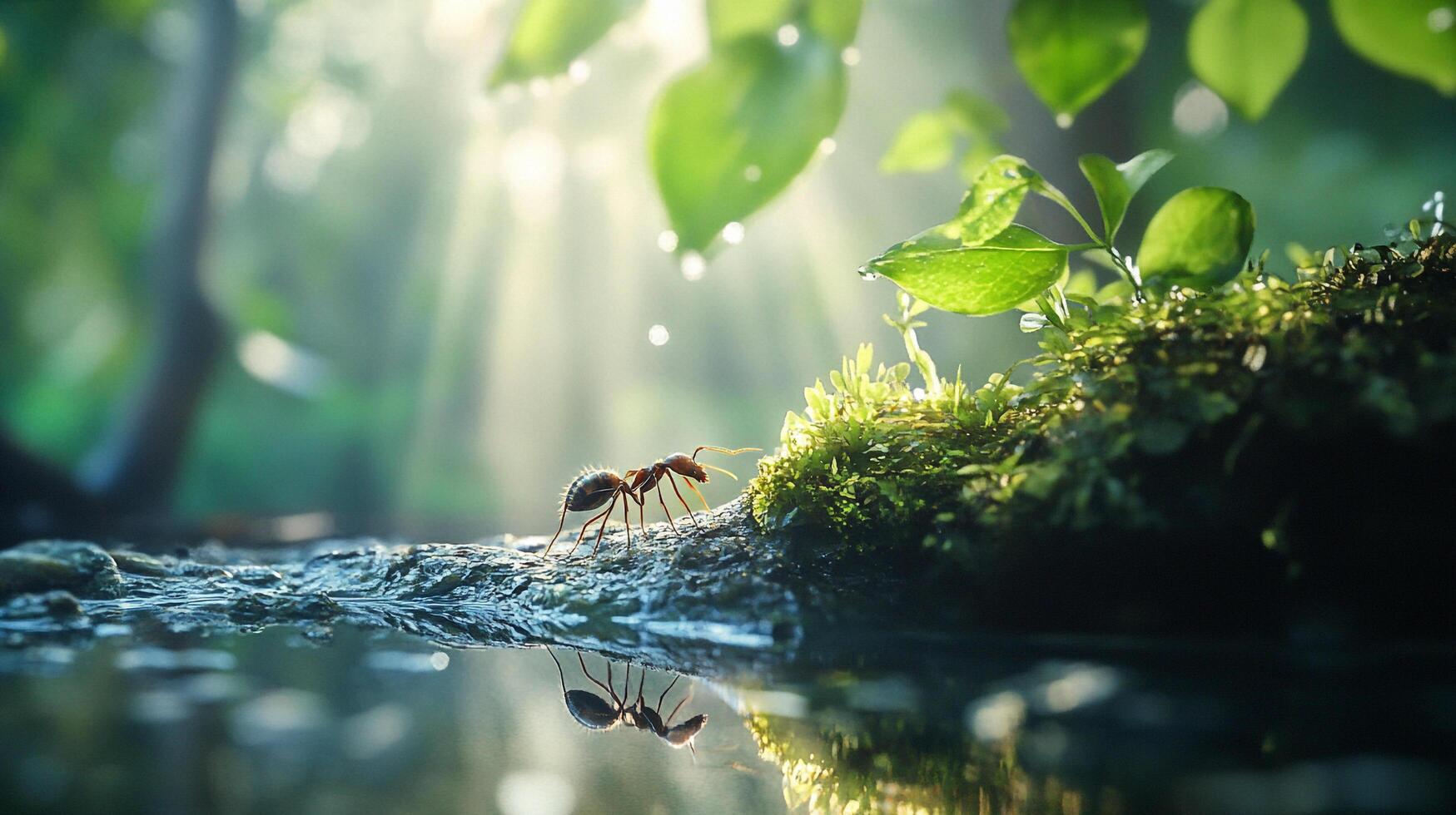 An ant explores its lush green world with a reflective pool in the foreground, illuminated by sunlight filtering through the foliage. photo