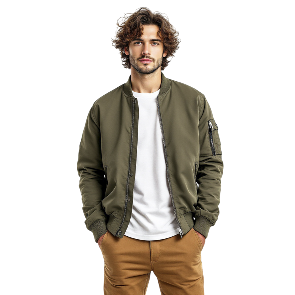 A man in a green bomber jacket png