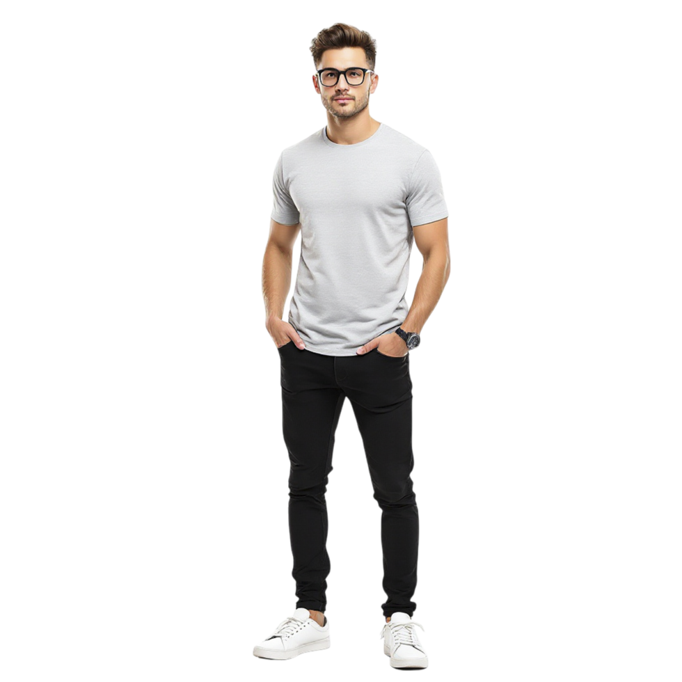 Man in black jeans and white t - shirt standing against a black background png