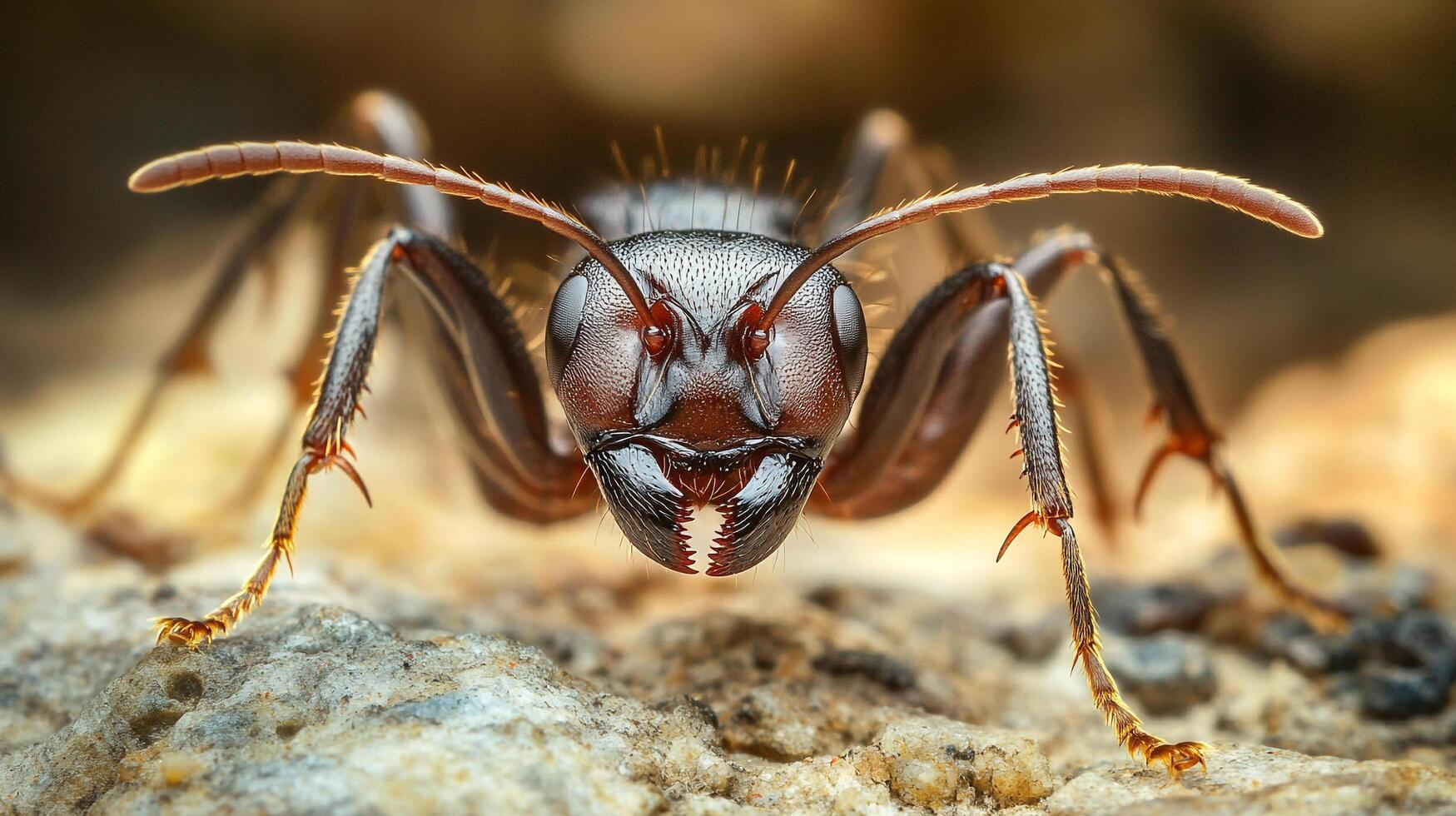 An extreme close-up of an ant head showing the details of the mandibles, antennae, and legs in a macro photography style. photo