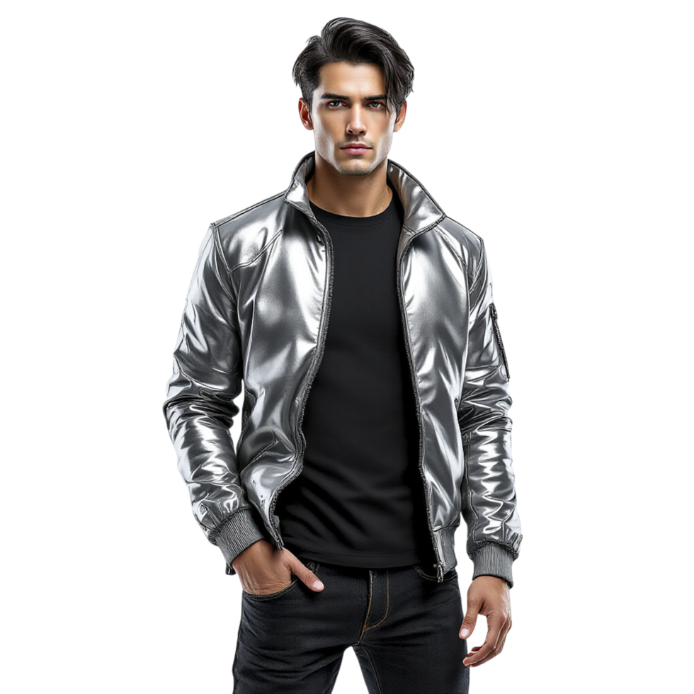 A man in a shiny jacket standing against a black background png