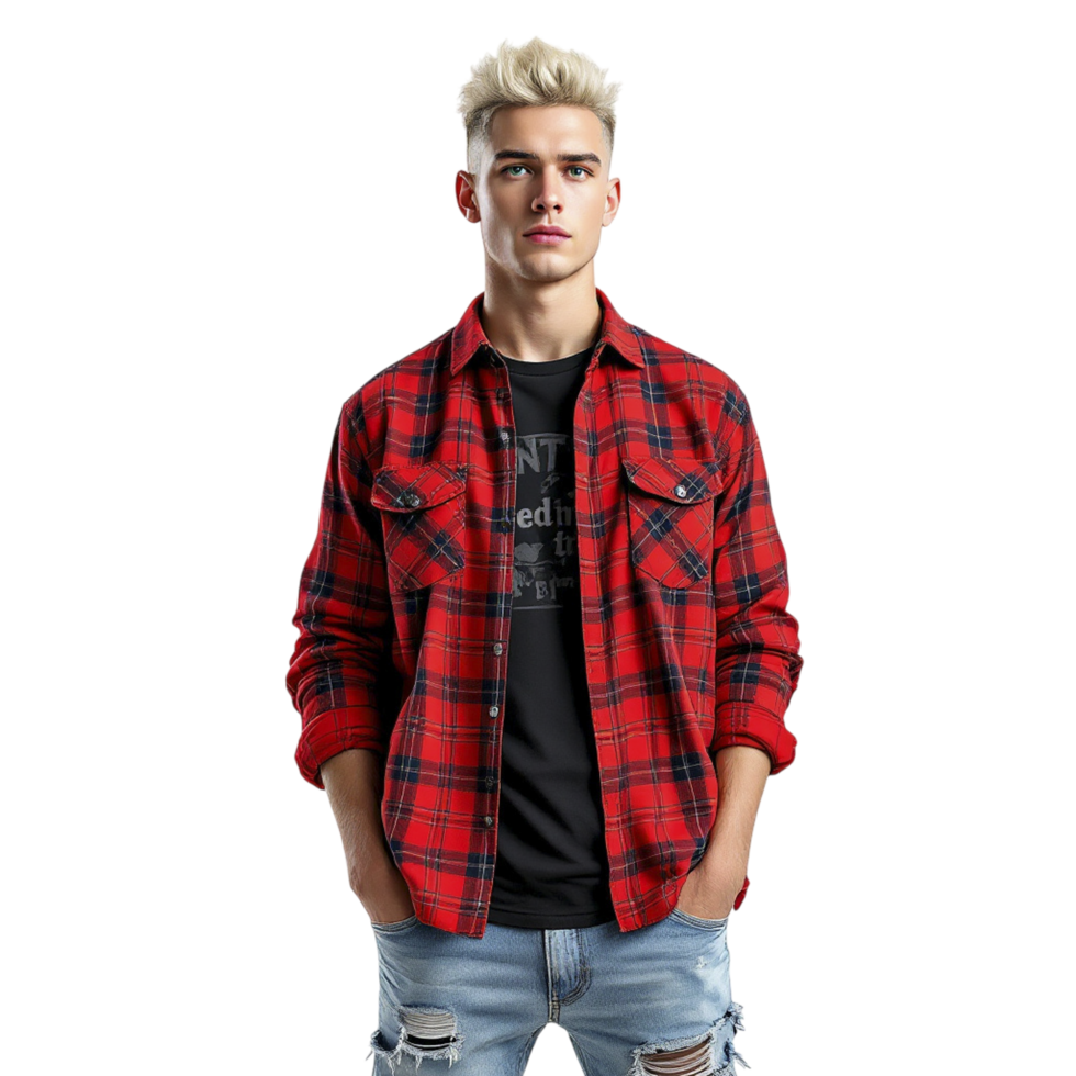 A man in a red and black plaid shirt png