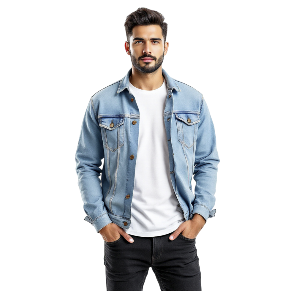 Man in denim jacket standing in front of black background png