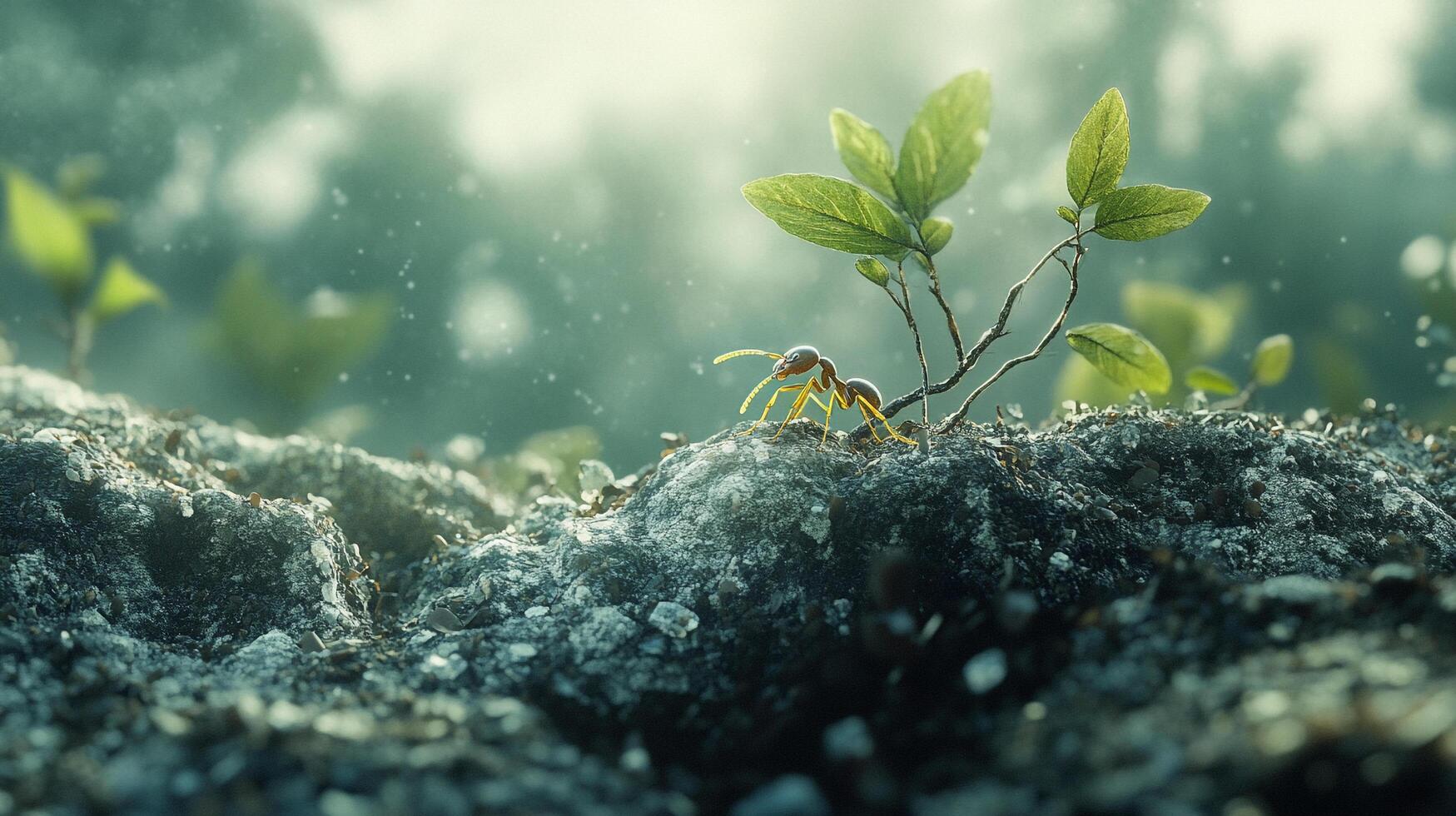 An ant stands atop a rock next to a budding green plant, symbolizing nature's resilience and the beauty found in small beginnings. photo