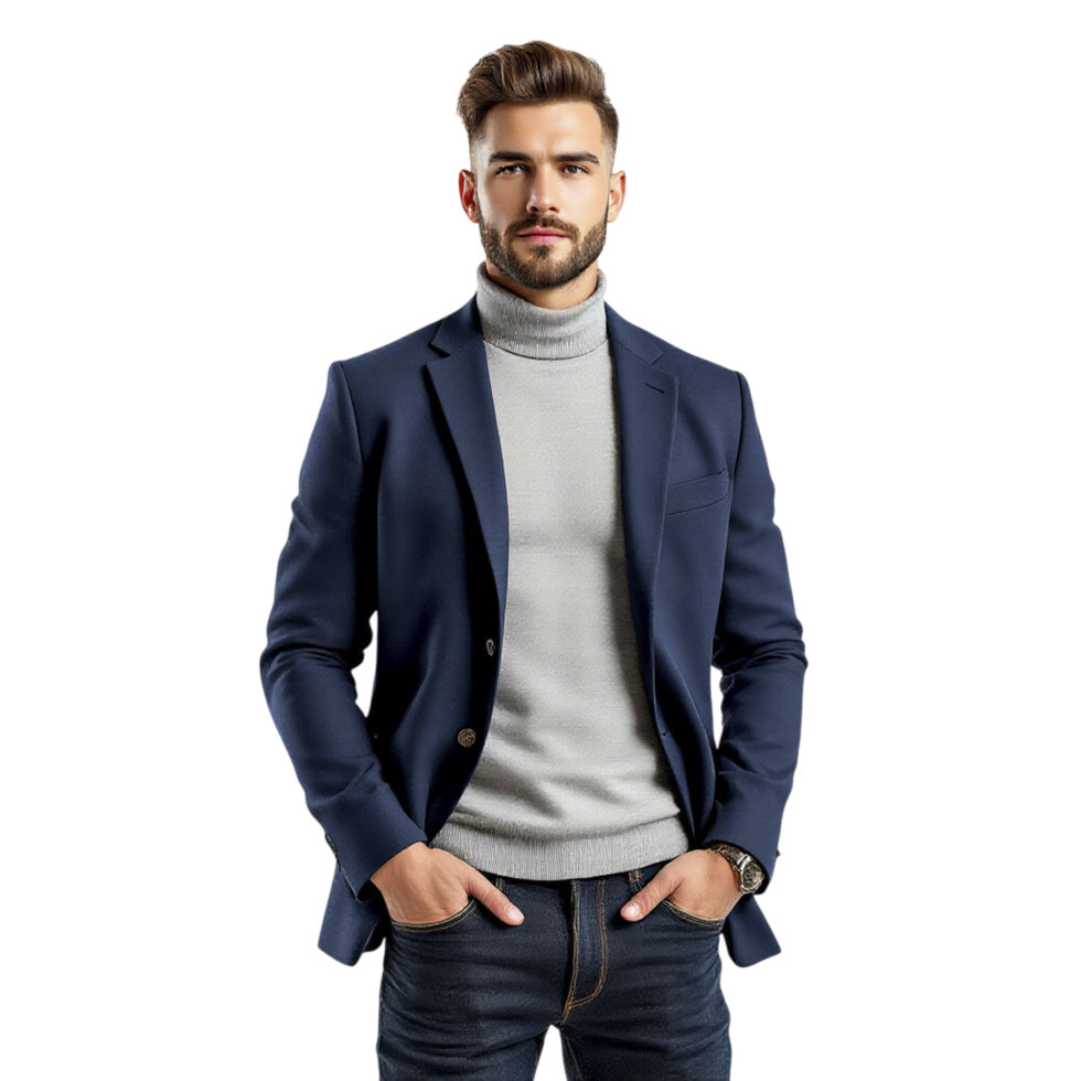 A man in a blue blazer and jeans png