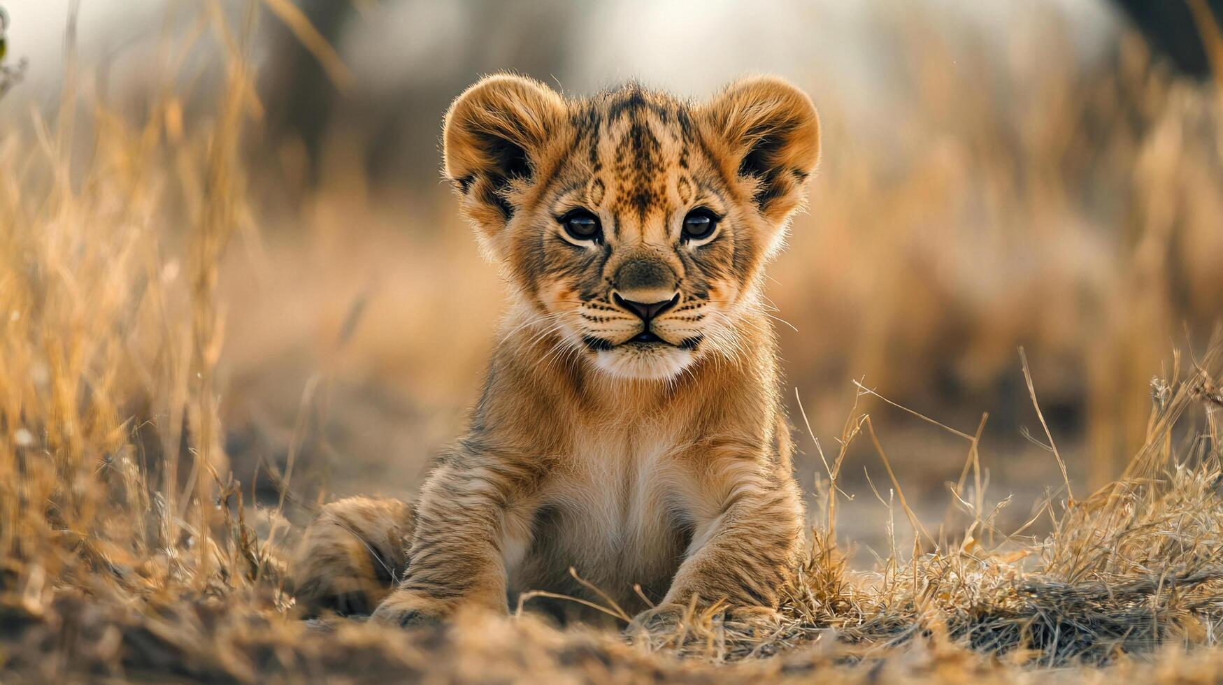 Adorable lion cub rests in grassy field, gazing directly at the viewer with its big, expressive eyes. Precious moment in the wild. photo
