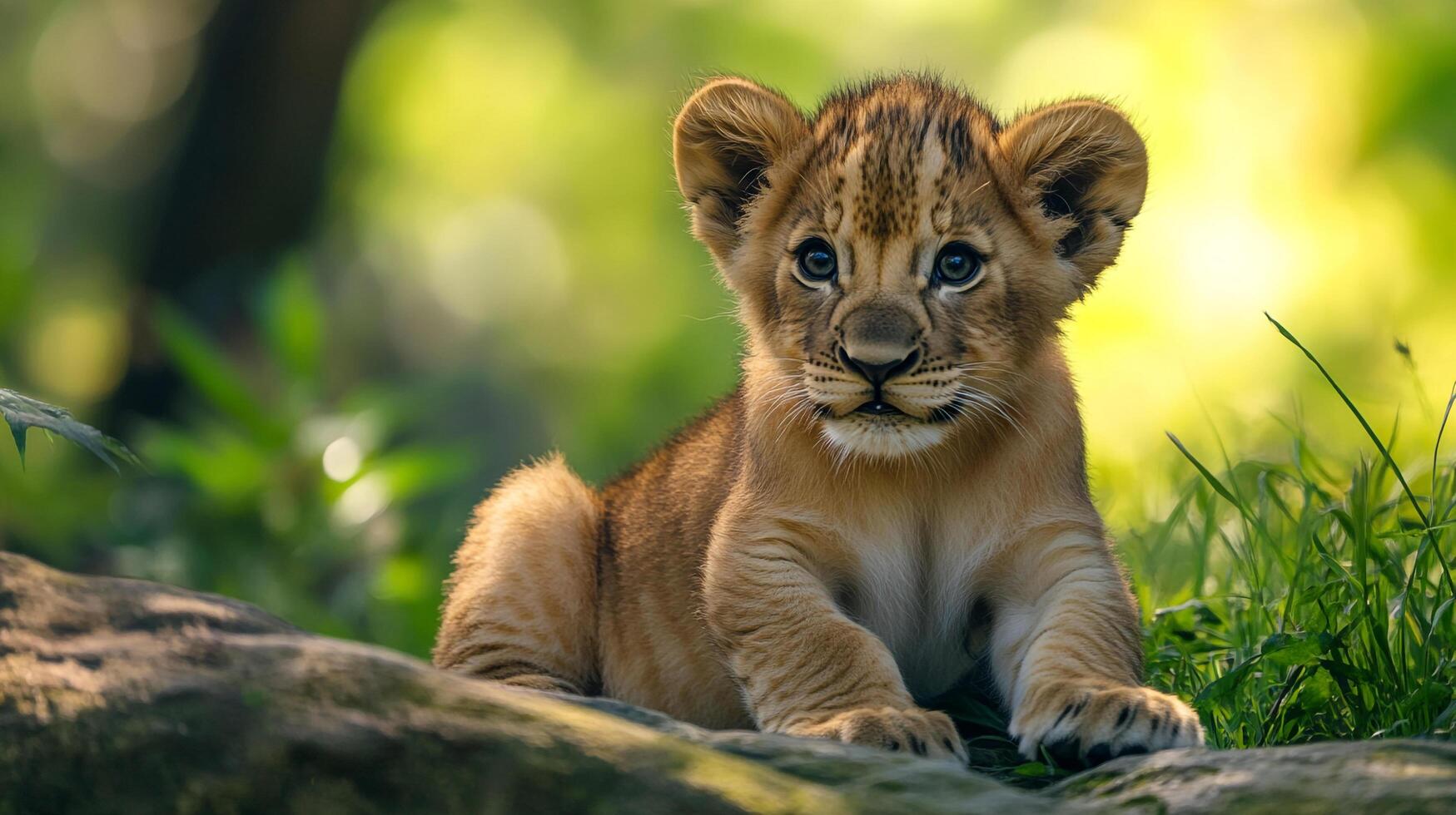 Adorable lion cub with curious eyes, fluffy ears, and soft fur sitting in natural habitat against a background of soft green foliage. photo