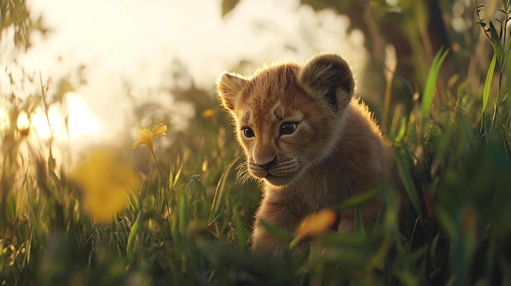 A heartwarming portrait of a lion cub, captured in the golden light amidst lush green grass and dainty yellow flowers. A true spectacle of nature. photo
