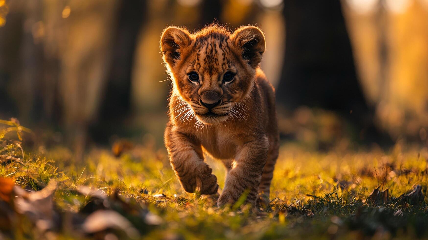 Lion cub walks in a grassy field on a sunny day, with a warm glow surrounding it and trees in the background. Cute animal. photo