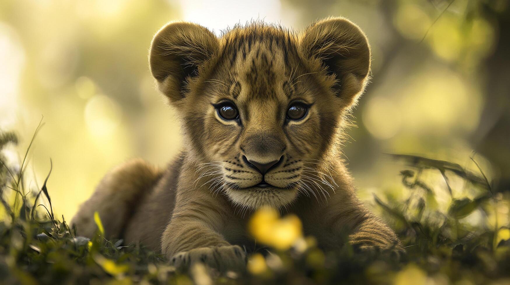 Adorable lion cub with big eyes resting in a lush green field, basking in the warm glow of the sunlight. Playful animal portrait photo
