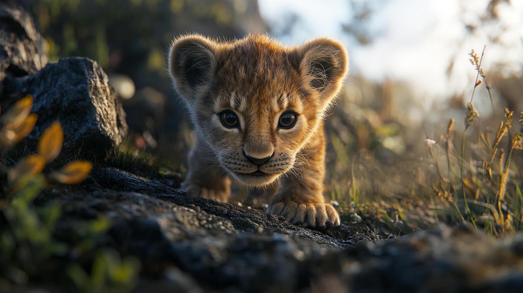 Adorable lion cub with bright eyes explores grassy terrain, showcasing innocence and curiosity in a captivating natural setting. photo