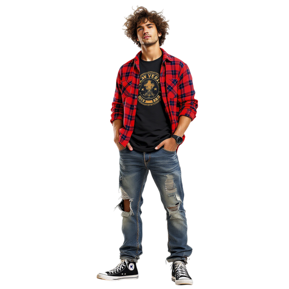 A man in ripped jeans and a red plaid shirt png