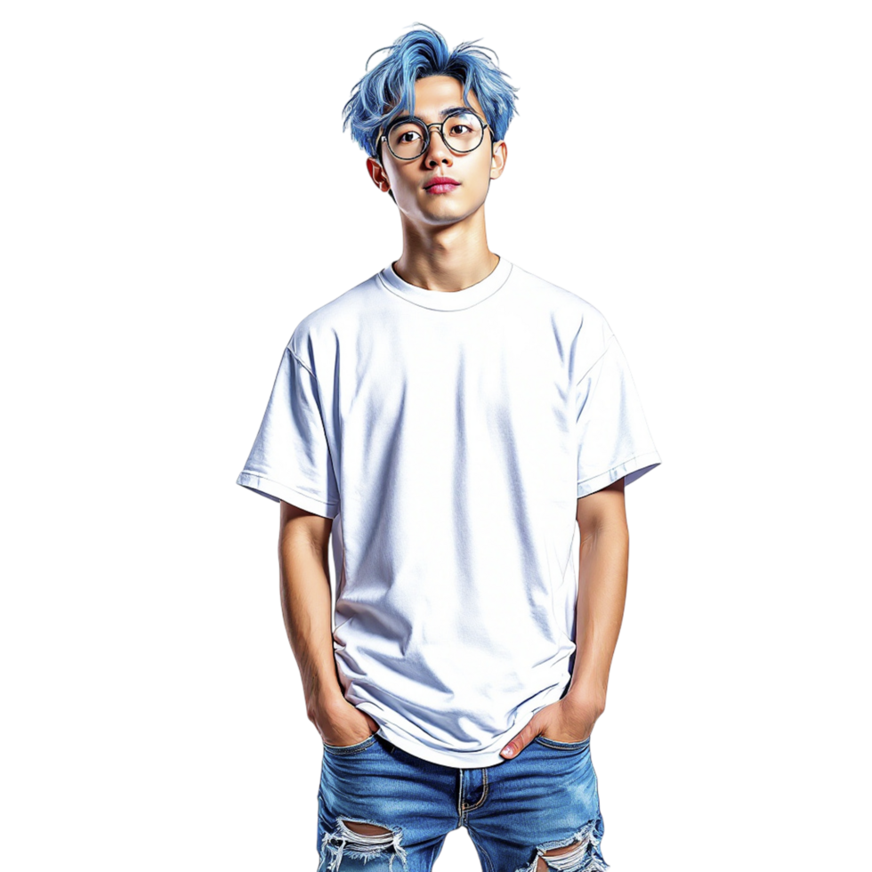 A man with blue hair and glasses is standing png