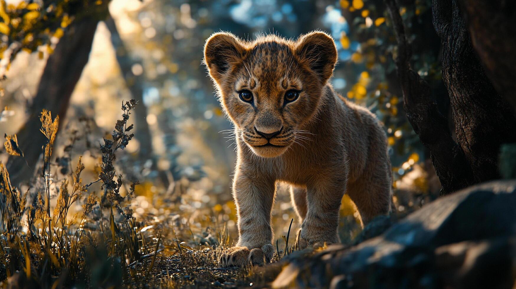 A curious lion cub stares directly forward with striking detail, showcasing the animal's charm in its natural habitat and environment. photo