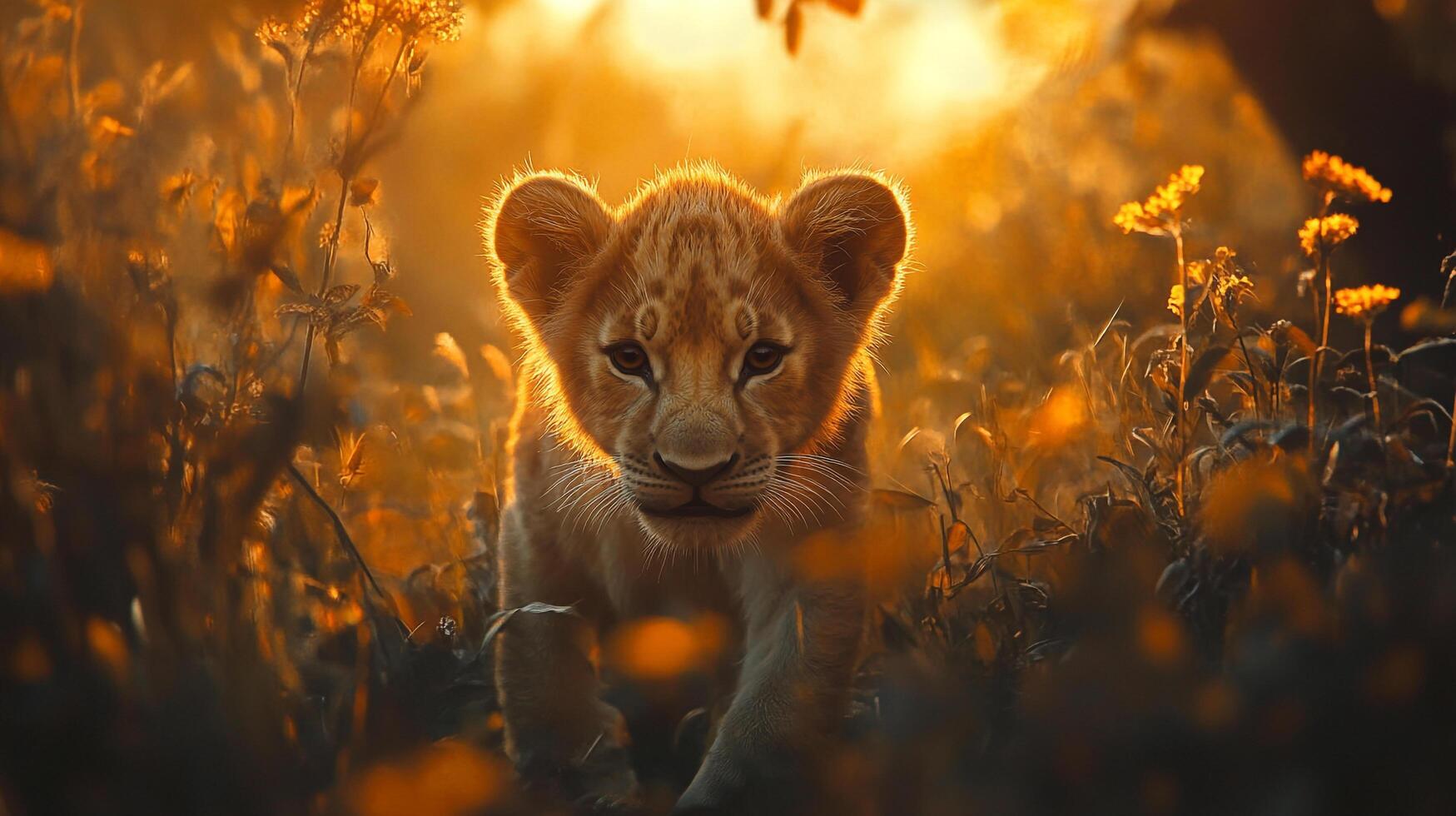 Golden hour illuminates a lion cub, its gaze steady as it moves through tall grasses bathed in sunlight, embodying youthful vitality. photo