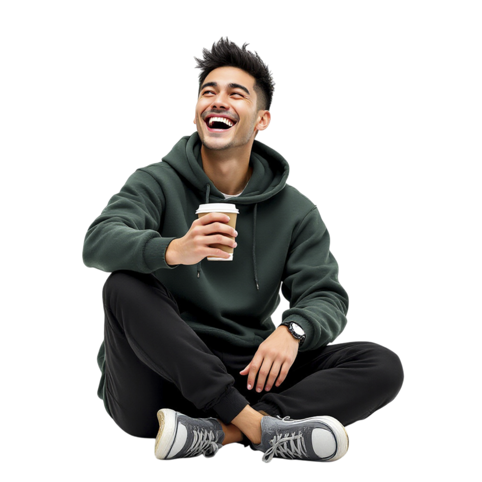 A man in a hoodie sitting on the floor holding a coffee png