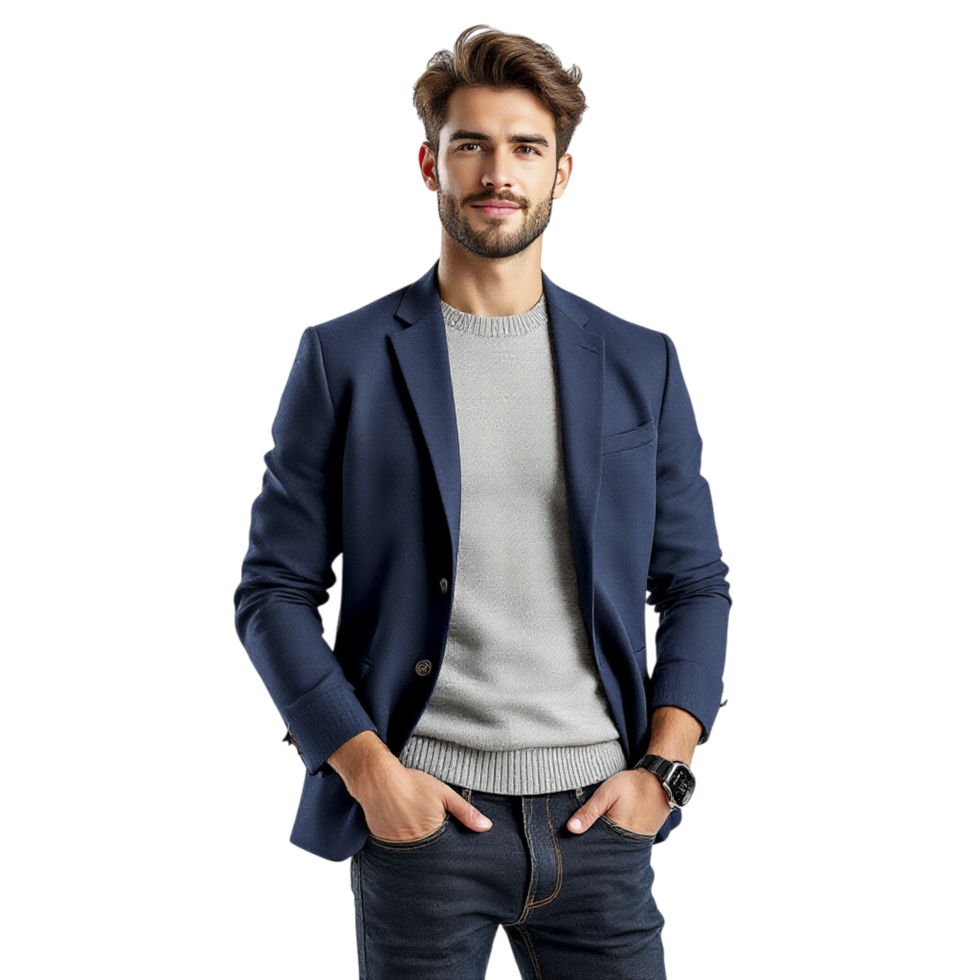 A man in a blue blazer and jeans png