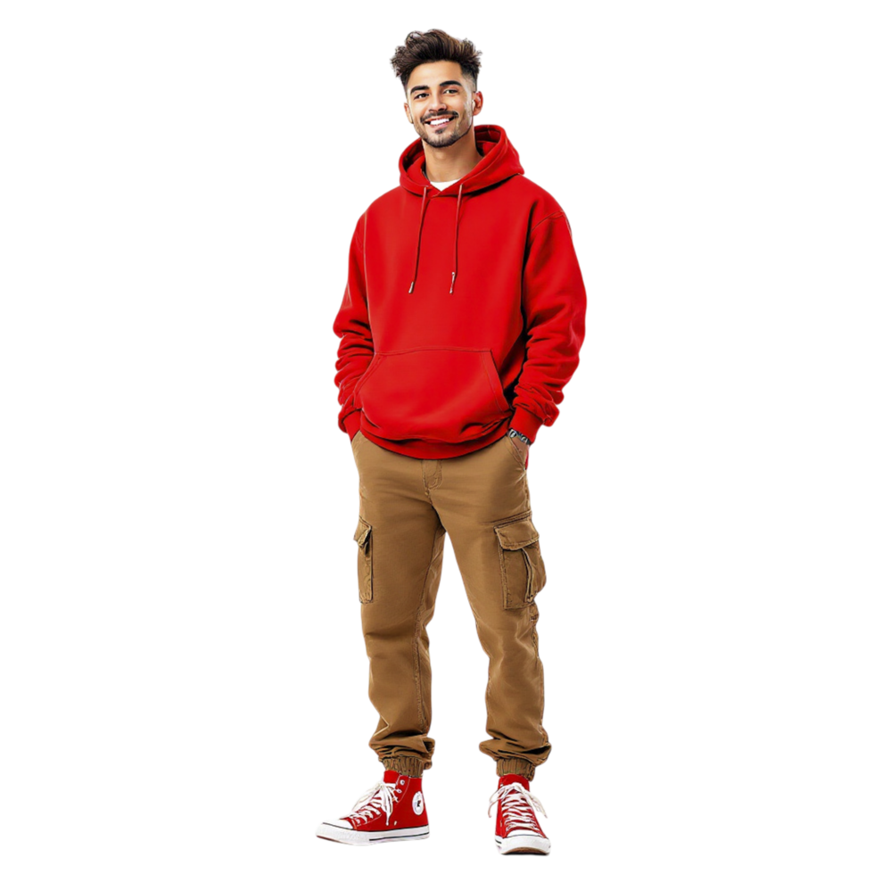A man in a red hoodie and brown pants png