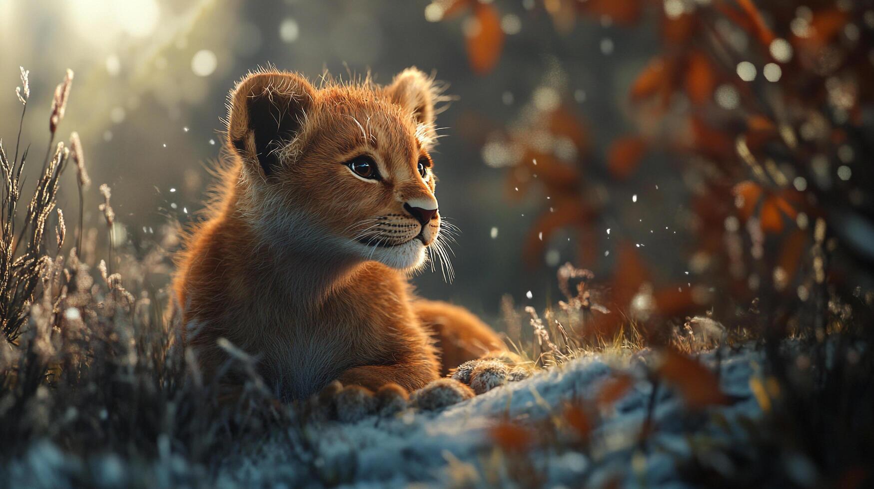 Golden lion cub portrait in a natural outdoor setting, bathed in warm light, exuding innocence and curiosity. Serene and heartwarming. photo