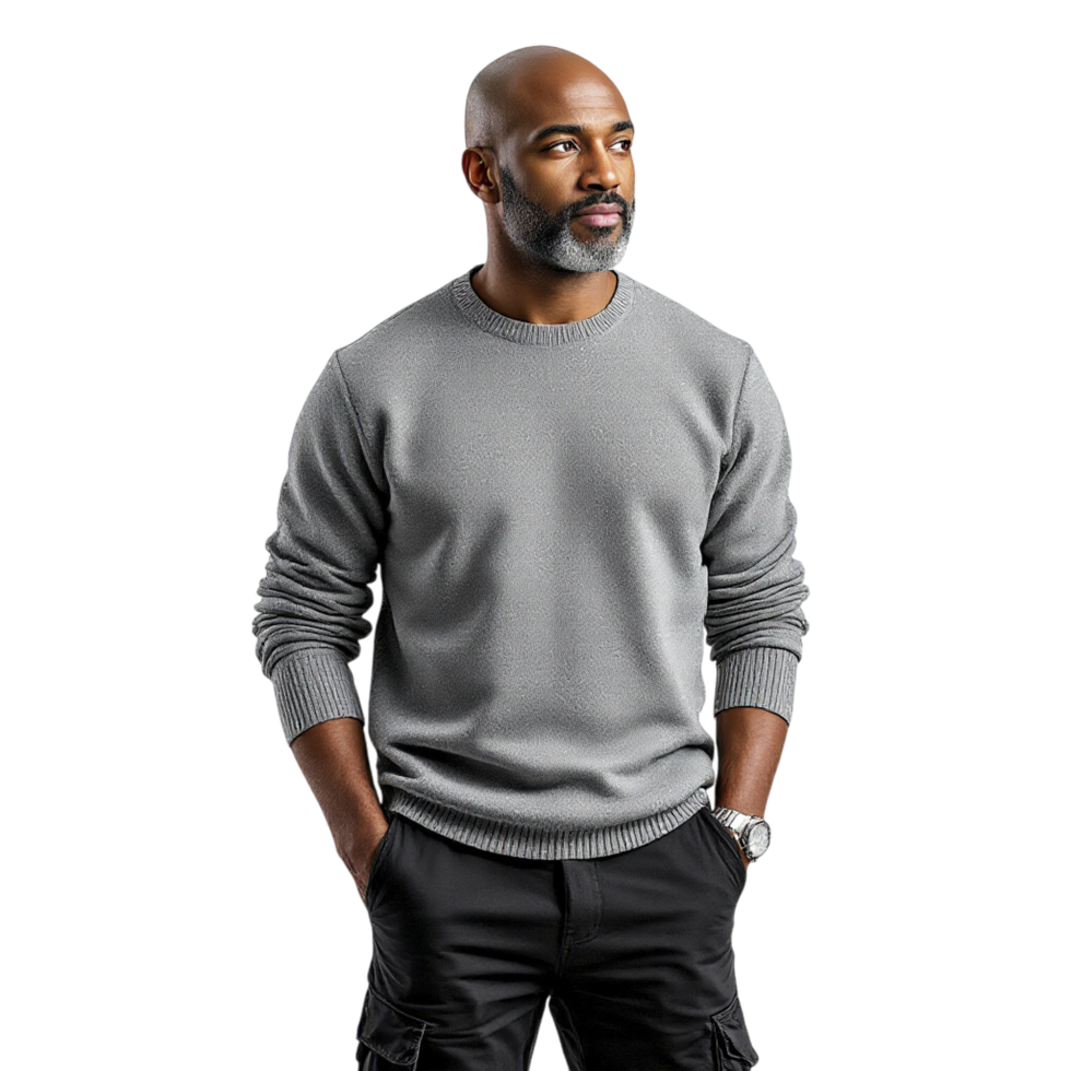 Man in grey sweater standing against black background png