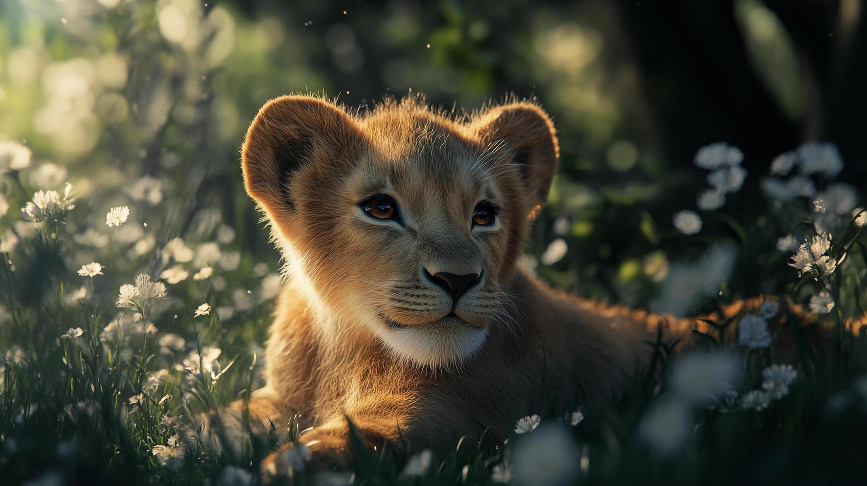 Lion cub resting amongst wildflowers, bathed in soft, golden sunlight. Innocent gaze and gentle fur create a serene atmosphere. photo