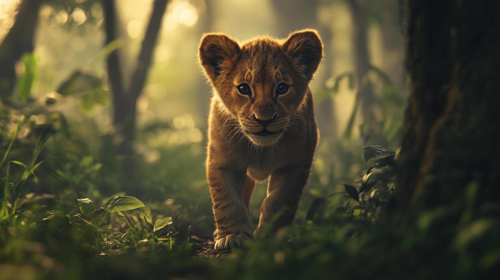 A charming lion cub confidently strides through the verdant forest, its eyes fixed on the path ahead. The cub is radiating youthful energy. photo