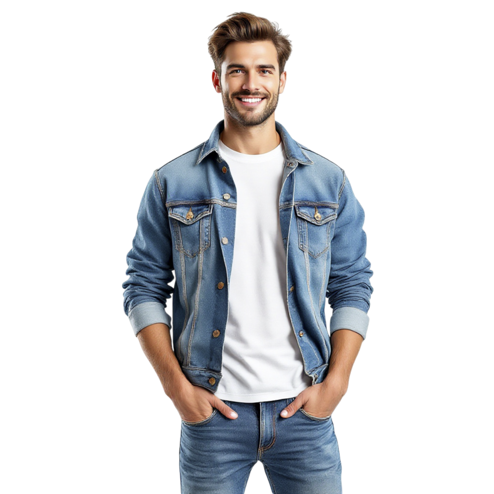 Smiling man in denim jacket and jeans png